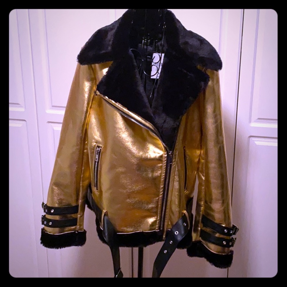 Faux Fur Lined Gold ZIP Up Jacket